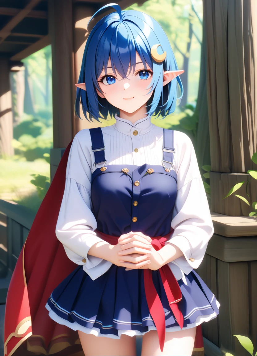 1girl, RENA LANFORD, 1GIRL, AHOGE, BLUE HAIR, SHORT HAIR, BLUE EYES, POINTY EARS
CRESCENT HAIR ORNAMENT, RED CAPE, BLUE VEST, LEATHER ARMOR, RED RIBBON, WAIST RIBBON, BLUE SKIRT, MINISKIRT, SHOES, BREAK kawaii, smile, cowboy shot, own hands clasped, forest, night, lightning bug, light particle, BREAK detailed face, smooth skin, cinematic lighting, volumetric shadow, BREAK 3D, CG illustration, score_9, score_8_up, score_7_up, (masterpiece:1.2), (best quality:1.2), (very aesthetic:1.2), (absurdres:1.2), (detailed background), newest, (intricate:1.2), ai-generated, BREAK