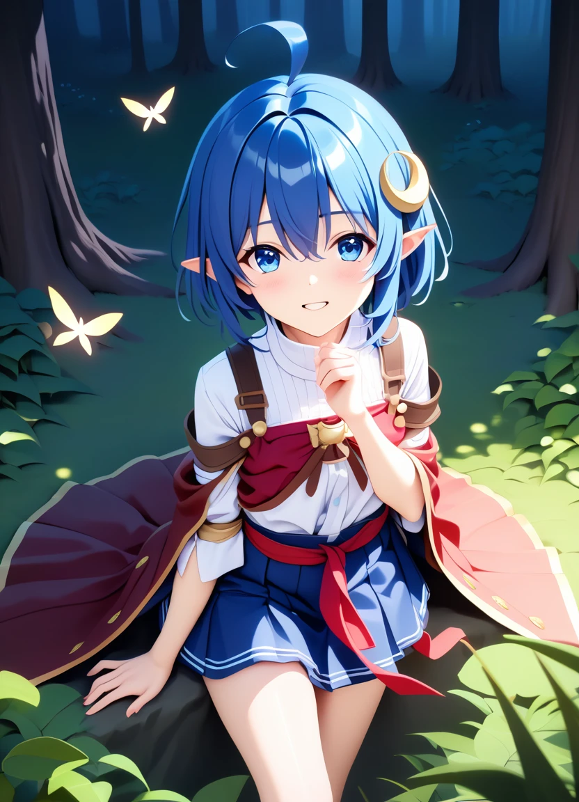 1girl, RENA LANFORD, 1GIRL, AHOGE, BLUE HAIR, SHORT HAIR, BLUE EYES, POINTY EARS
CRESCENT HAIR ORNAMENT, RED CAPE, BLUE VEST, LEATHER ARMOR, RED RIBBON, WAIST RIBBON, BLUE SKIRT, MINISKIRT, SHOES, BREAK kawaii, smile, cowboy shot, own hands clasped, forest, night, lightning bug, light particle, BREAK detailed face, smooth skin, cinematic lighting, volumetric shadow, BREAK 3D, CG illustration, score_9, score_8_up, score_7_up, (masterpiece:1.2), (best quality:1.2), (very aesthetic:1.2), (absurdres:1.2), (detailed background), newest, (intricate:1.2), ai-generated, BREAK