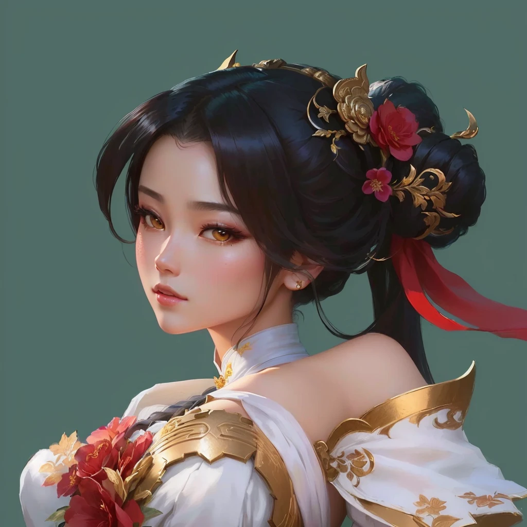 Close-up of a lady with a flower in her hair, Extremely detailed Artgerm, author:Yang J, Chun Li Portrait, artwork in the style of Gu Weiss, Gu Weiss, Inspired by Lan Ying, author:Li Song, Beautiful character painting, palace , Girl wearing Hanfu, Inspiration from Du Qiong, Inspired by Pu Hua