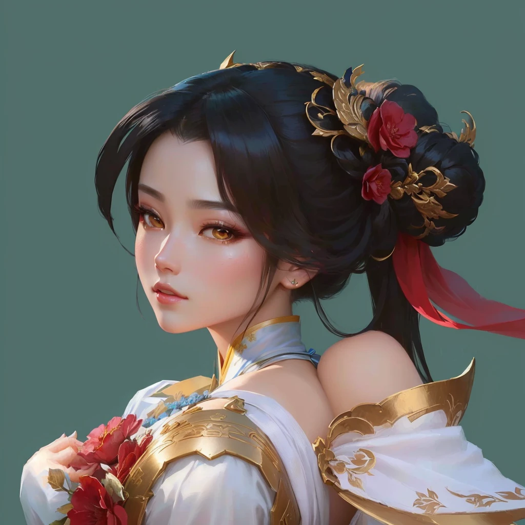 Close-up of a lady with a flower in her hair, Extremely detailed Artgerm, author:Yang J, Chun Li Portrait, artwork in the style of Gu Weiss, Gu Weiss, Inspired by Lan Ying, author:Li Song, Beautiful character painting, palace , Girl wearing Hanfu, Inspiration from Du Qiong, Inspired by Pu Hua