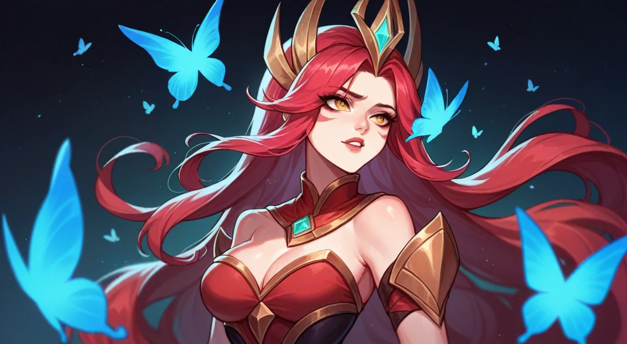 Woman in red dress and butterfly (the hero from the Mobile Legends Bang Bang game is named zhuxin