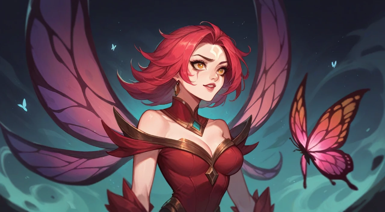 Woman in red dress and butterfly (the hero from the Mobile Legends Bang Bang game is named zhuxin