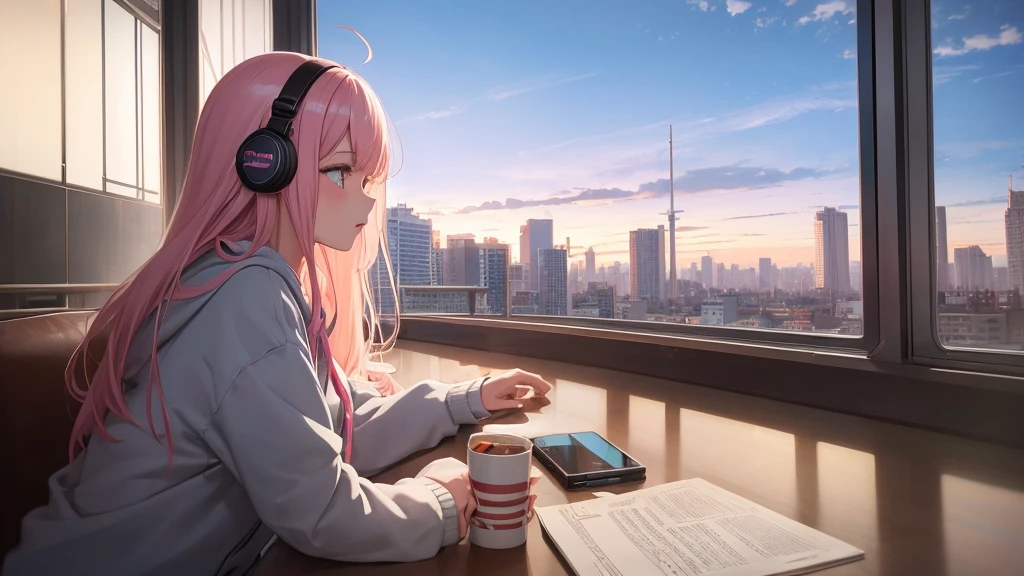 Absurd, Ultra-high resolution, (Official Art, beautifully、mysterious:1.2), Impressive eyes, Looking out the window, Girl listening to music with headphones, light pink long hair, Larger than average bust, Lo-fi Girl, and oversized hoodie, Bright Sky, A vast world, Kaisei and Artgelm, Anime atmosphere, Lofi art style, Anime style 8k, Anime Aesthetics, Lo-fi feeling, Anime Art Wallpapers 8K, An atmosphere of praise, Rooms with large windows, Emotional cityscape, City girl's room, Correct human body composition
