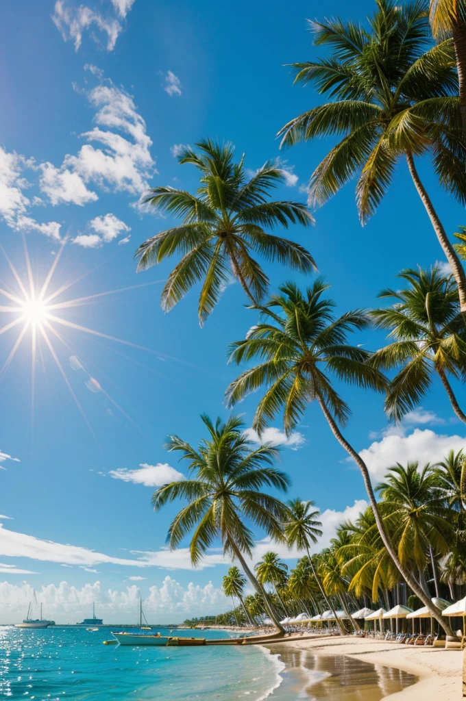 A sea landscape with radiant sun palm trees near the beach boats in the distance clear blue sky