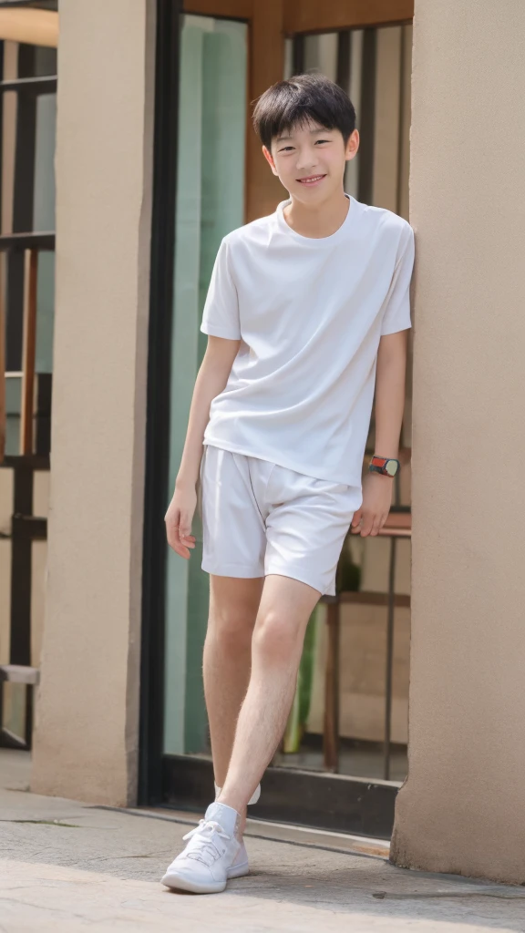 12-year-old boy,Smile，Spread your white and slender legs，jogging，full body，8K(nsfw)