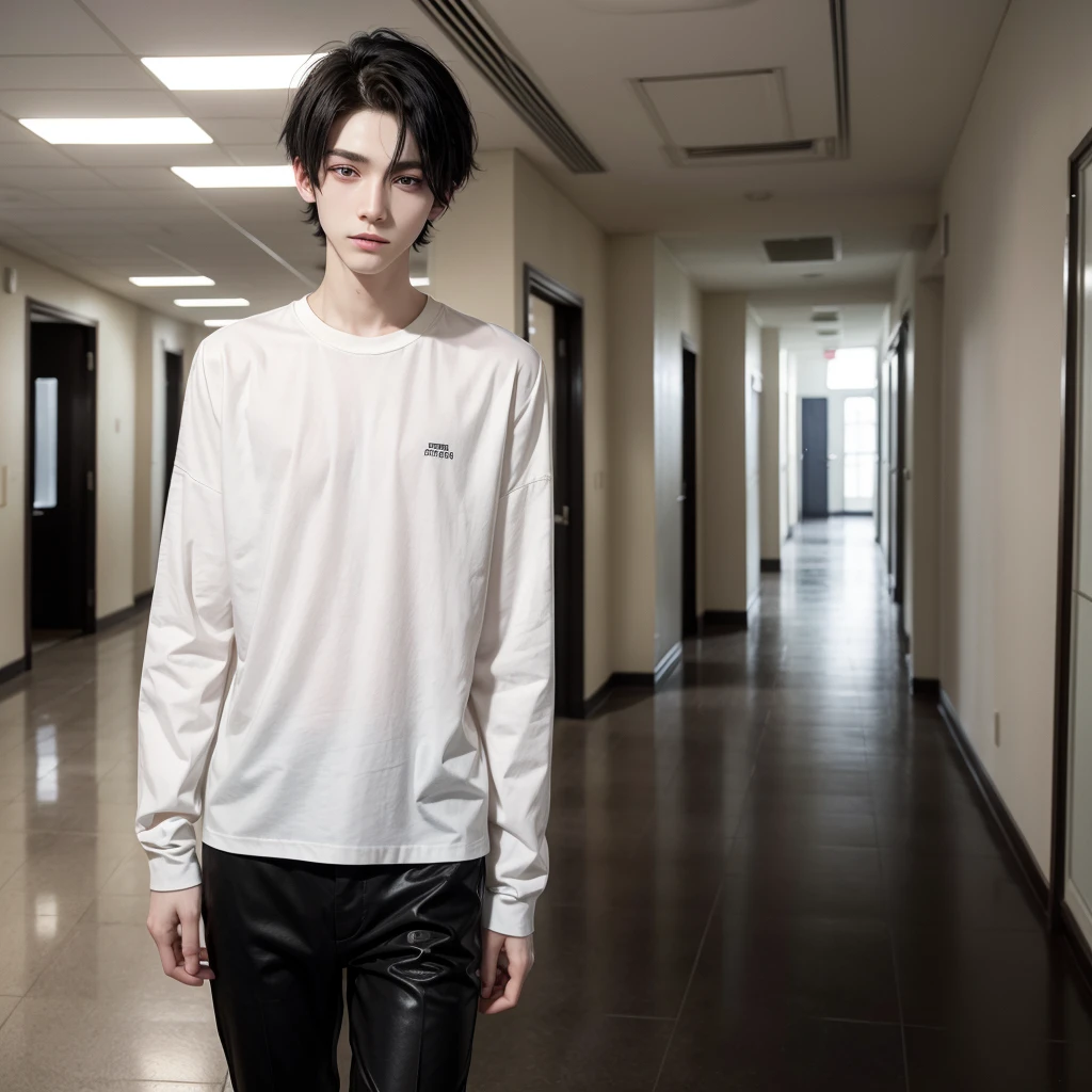 attractive boy, black hair, Brown eyes, very pale skin, very thin, dressed in a white long-sleeved shirt and loose black pants, very high, background a school hallway