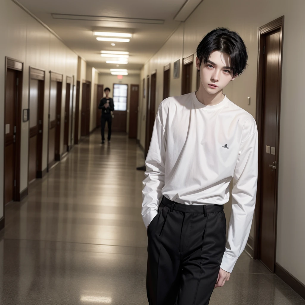 attractive boy, black hair, Brown eyes, very pale skin, very thin, dressed in a white long-sleeved shirt and loose black pants, very high, background a school hallway