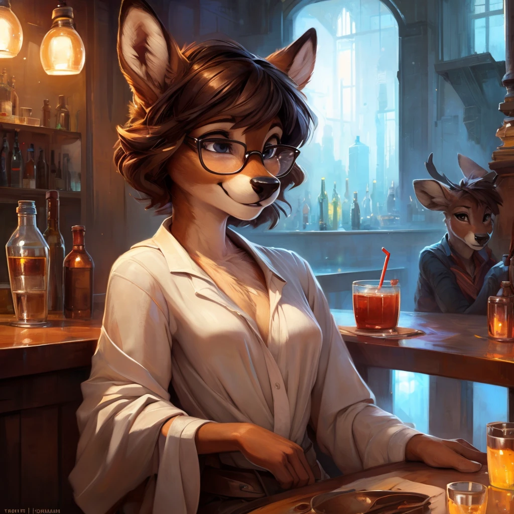 uploaded on e621, by Pixelsketcher, by Bayard Wu, by Thomas Benjamin Kennington , by Einshelm, by hioshiru and kenket, Chunie, portrait, solo anthro female deer doe, tiny featureless breasts, tiny breasts, clear dark blue, cinematic lighting, night, sitting inside at a party bar, party background, shiny, short curly dark brown hair, short hair, wears big black nerd glasses, very very beautiful furry art, furry art, thoughtful, shiny, feminine, cute face, muzzle, fluffy chest, flawless face, Fallow deer, 1girl, Sakimichan is beautiful, Masterpiece, Wavethesallow Face, shiny, Detailed image, Detailed background, portrait, Detailed image, portrait, wears pure white wide, big blouse, shiny, realistic face, perfect ???????, hourglass body, anthropomorphic deer, happy, very happy, small ears, huge black nerd glasses, wide happy eyes, smiles, big smile, holdind a cocktail glass, hourglass body, (furry body:1.1), anthropomorphic deer, small fluffy tail, detailed background, (cute ???????:1.1), looks into the distance, sexy, sexy look
