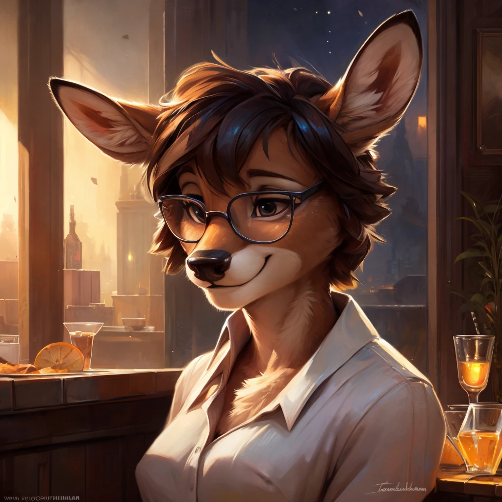 uploaded on e621, by Pixelsketcher, by Bayard Wu, by Thomas Benjamin Kennington , by Einshelm, by hioshiru and kenket, Chunie, portrait, solo anthro female deer doe, tiny featureless , tiny , clear dark blue, cinematic lighting, night, sitting inside at a party bar, party background, shiny, short curly dark brown hair, short hair, wears big black nerd glasses, very very beautiful furry art, furry art, thoughtful, shiny, feminine, cute face, muzzle, fluffy , flawless face, Fallow deer, 1girl, Sakimichan is beautiful, Masterpiece, Wavethesallow Face, shiny, Detailed image, Detailed background, portrait, Detailed image, portrait, wears pure white wide, big blouse, shiny, realistic face, perfect , hourglass body, anthropomorphic deer, happy, very happy, small ears, huge black nerd glasses, wide happy eyes, smiles, big smile, holdind a cocktail glass, hourglass body, (furry body:1.1), anthropomorphic deer, small fluffy tail, detailed background, (cute :1.1), looks into the distance, ,  look
