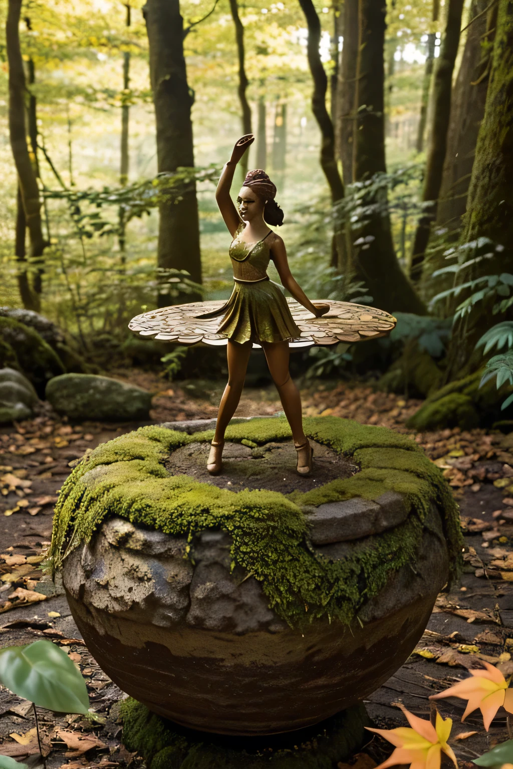 A whimsical miniature figure composed of delicately arranged autumn leaves, poised in a carefree dance on the rim of a weathered, moss-covered terracotta pot, set against a lush, vibrant forest backdrop, where dappled sunlight filters through the canopy above, casting intricate shadows. The overall aesthetic is ethereal, with warm, earthy tones of sienna, umber, and olive green, infused with hints of emerald and golden light, evoking a sense of wonder and enchantment, as if plucked from a fantastical realm.