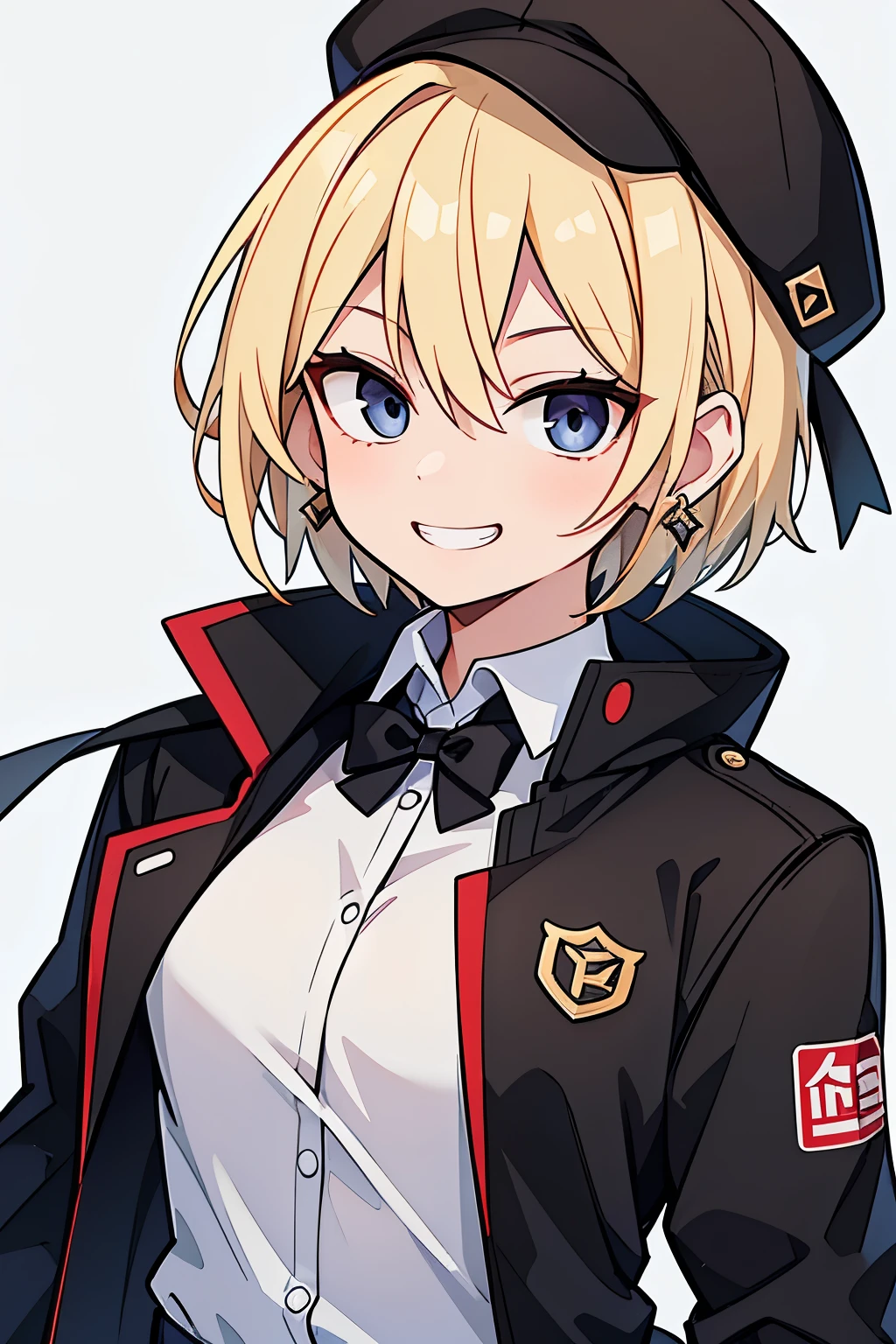 20-year-old female、smile、Grin、black eye、Blonde、Hairstyle is short hair、boyish、Wearing a hat、Earrings、Business jacket for the upper body、No background、Background white