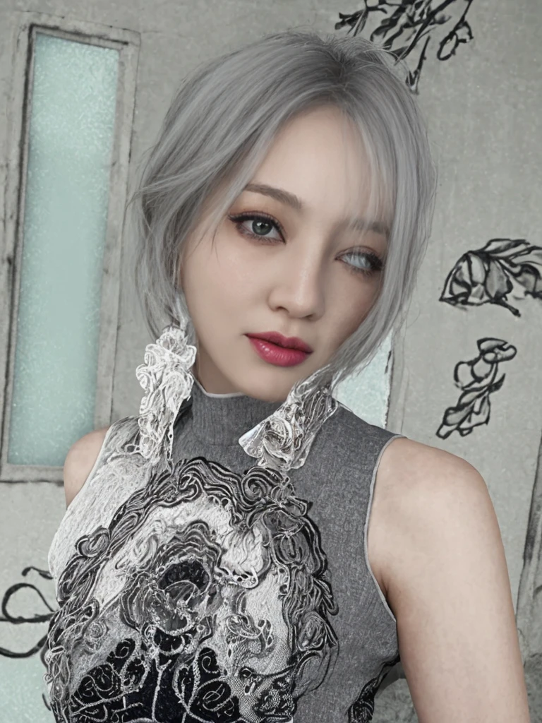 8K high quality,1 woman,Gray hair:1.5