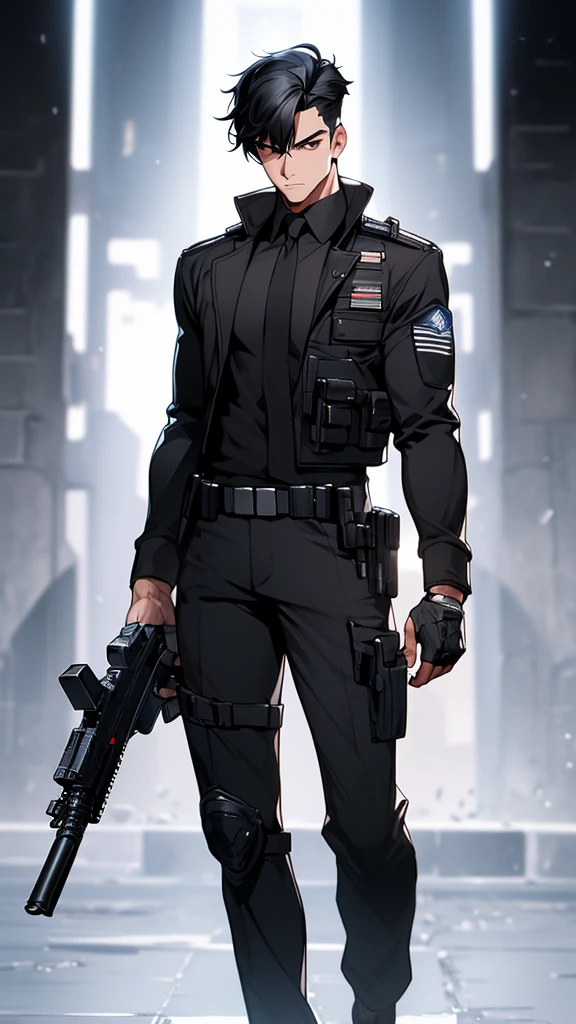 masterpiece, very detailed, 4K, 8K, 32,000, convoluted, (((1st son))), ((black hair)), ((no background)), white background, 20 years old, (((the same character))), dynamic pose, Anatomically correct hand, Modern clothing, Detailed clothes, (slim body), (cold colors dim lighting) black hair eyes black (perfect face) ,character design police man, full body, black hair, Composition looking straight ahead, standing posture, soldier, {full body}, standing with gun in arm, handsome