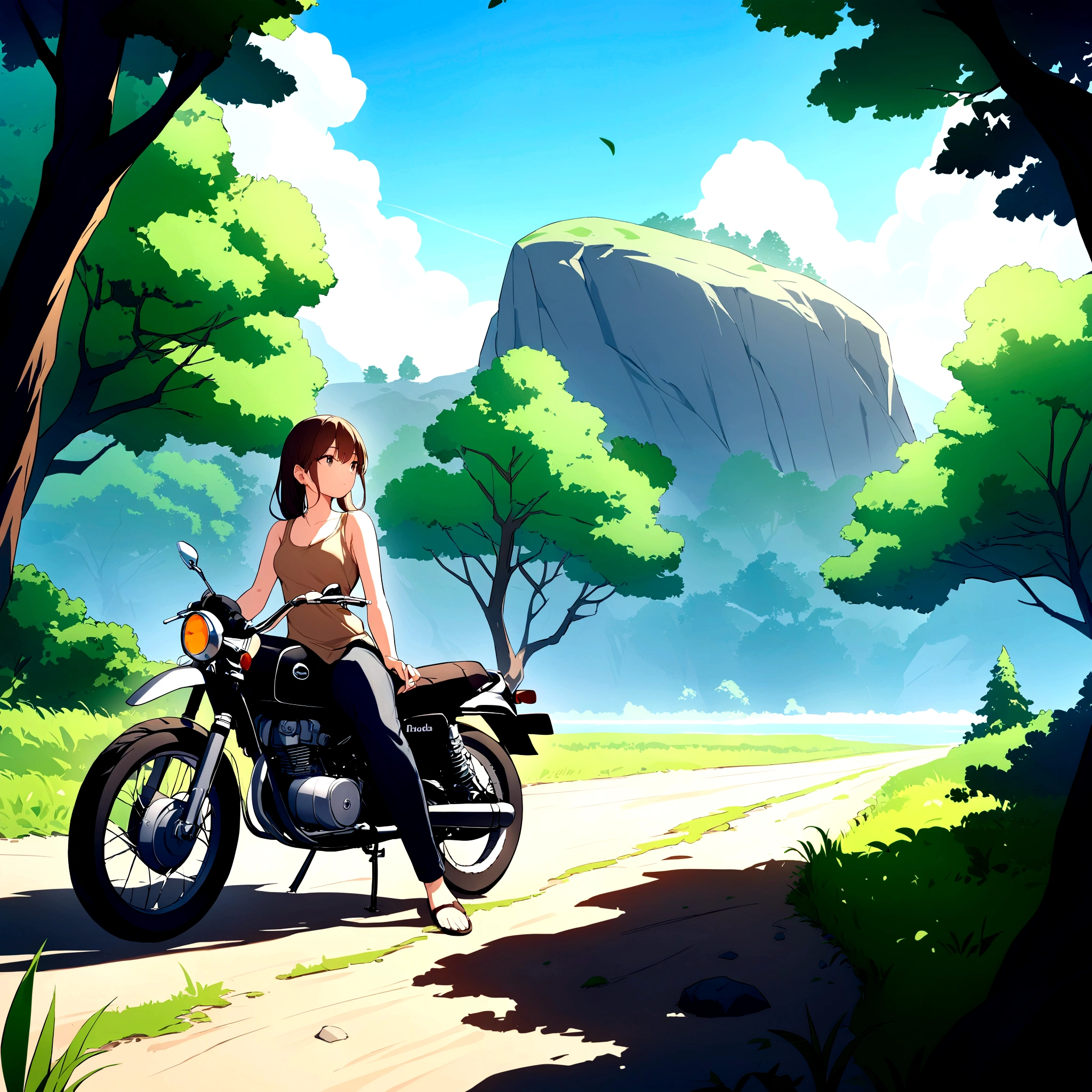 A young woman sits on a black Honda motorbike, parked on a dirt road, with a brown tent erected in the background. She is dressed in a brown tank top and black jeans, with her left hand resting on her head and her right hand on the motorcycle's handlebar. A lush green forest and a serene body of water are visible beyond the dirt road, with a towering, tree-covered rock formation commanding the horizon under a clear blue sky dotted with a few wispy clouds.