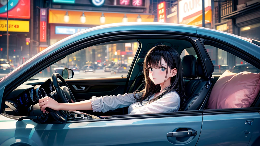 Create an image from the angle inside a car, showing a woman with a thoughtful expression on her face as she gazes out of the side window at the cityscape. The city outside should be visible, illuminated by streetlights and neon signs. Use soft, pastel colors and subtle gradients to capture a dreamy, reflective atmosphere. Ensure the interior of the car feels cozy and comfortable, adding to the overall serene vibe.