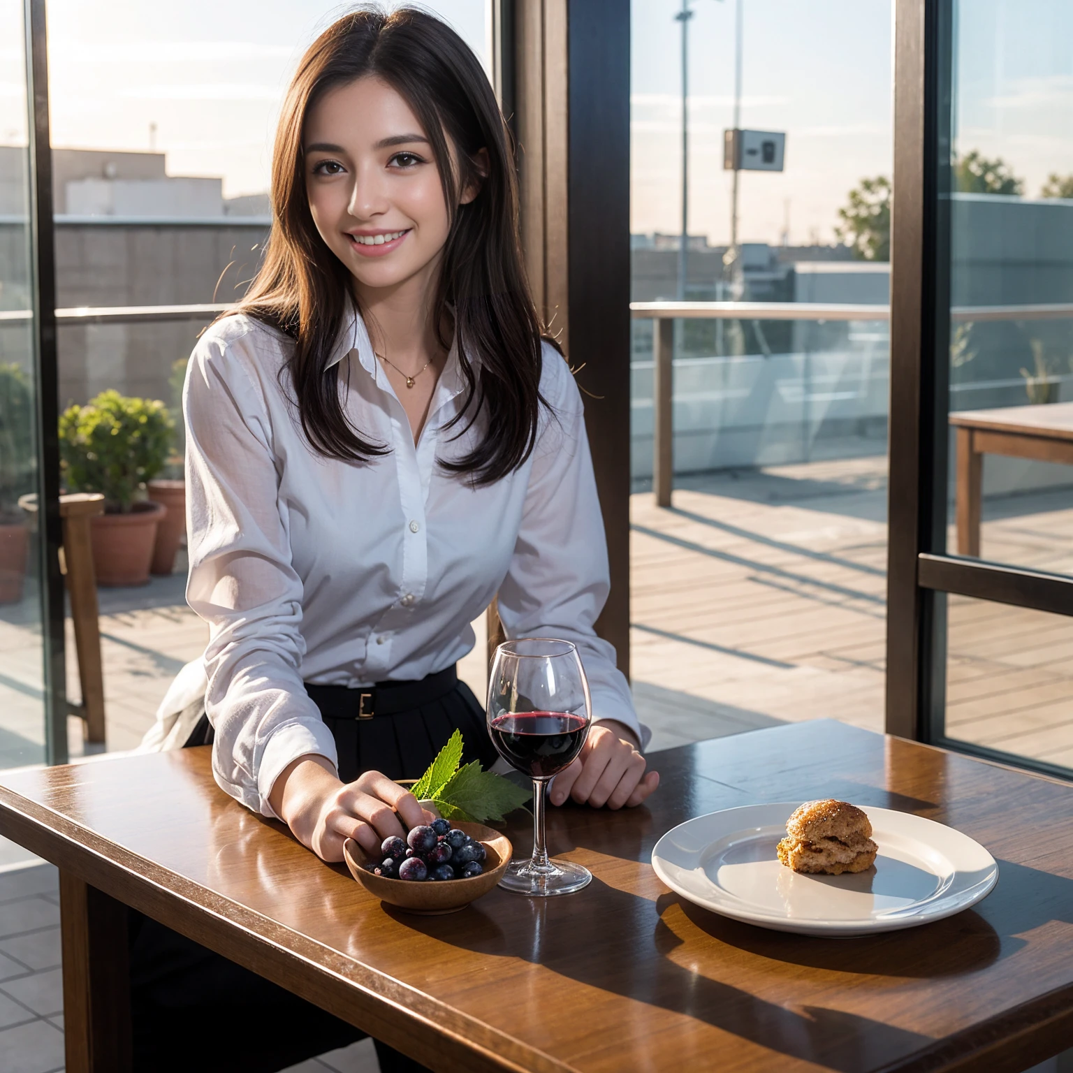 ((Highest quality、、masterpiece:1.3))、1 male 1 female、Ana de Armas 37 years old 39 years old、Slim Beauty、Beautiful couple、Upper Body、smile、 (Slim face), (the body is スリム), (Brown Hair), (Shortcuts), テーブルのフルコースディナーとwine glass、Amazing view of the sunset sky and clouds、smileの美しさ、Wine bottle、sparkling wine、Long sleeve shirt、dress、White wine, red wine, wine glass, Beautiful fine grain, Depth f/2,saturation, High Contrast, Strong light and shadow,Moist Body:1.5、3D texture、The hair is very shiny、
