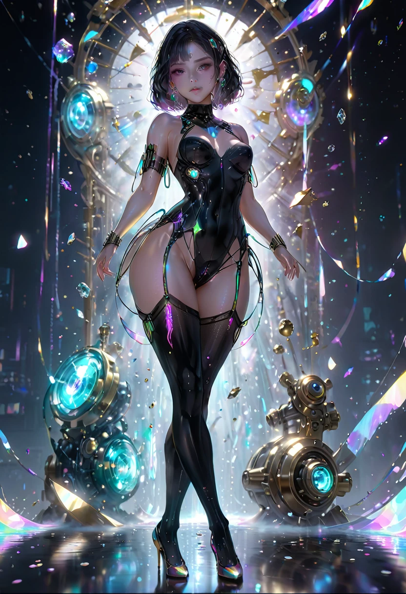 crystal covered, （Full body ：1.3）, alternate color, masterpiece, detailed illustration, realistic, pixiv top quality, exquisite, {{{kawaii 1girl}}}, ultra beauties who fuse with machines, glitter beautiful female, Half of my body is made of machines, cinematic lighting, dynamic angle, dynamic pose, crystal world, depth of field，Shiny socks，Crystal stockings，Crystal high heels
