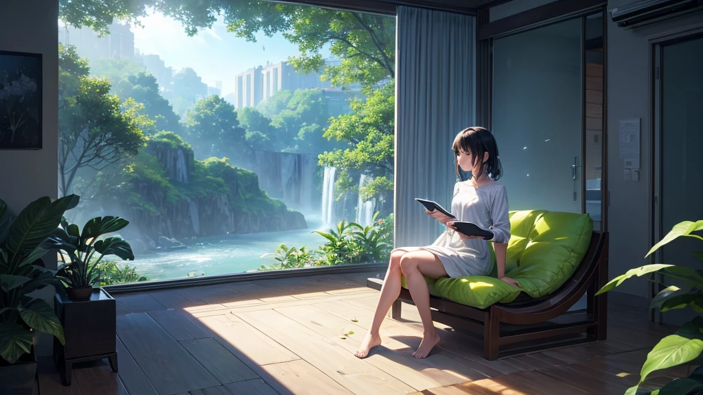 In a futuristic minimalist high-tech Lofi style room, Holographic projection recreates the soft feeling of sunlight filtering through trees, Create a warm and nostalgic atmosphere. Sit in an ergonomic armchair，Covered with soft cloth, The protagonist is immersed in a tranquil environment designed virtually. Professional sound system plays relaxing music, Lo-fi soundtrack, Accompanied by the sound of a gentle stream, Provide smooth、Immersive listening experience. The breeze generated by the ventilation system plays with digital images of leaves on the ground, Creating a symphony of comfort and nostalgia. In the background, Quiet city sounds in the distance，The volume is low, Evoke a feeling of softness, Contemplative Melancholy. A holographic tablet rests on my lap., The protagonist calmly observes the digital page, Occasionally becomes lost in thought when interacting with the dancing leaf animation. Low-fi birdsong echoes softly through low-profile speakers, Adding nature to the environment、A sense of ease. Every step on the soft floor makes a soft sound, Providing a sense of calm and comfort to the protagonist immersed in the digital world. In this moment of contemplation, The bedroom provides a quiet place for people to escape from the hustle and bustle of the outside world., Let the protagonist immerse himself in the simplified and nostalgic beauty of virtual nature. 8k resolution.