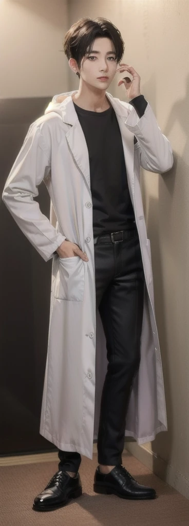 (Fair skin),((white lab coat)), (black hoodie underneath),Iris,(gender: Natural Face),(Japanese),(leather shoes),long body,handsome young asian man, Japanese idol style, short clean-cut hair, (center part), calm confident expression, hands in lab coat pockets, plain white background, portrait, high quality, detailed, 8K