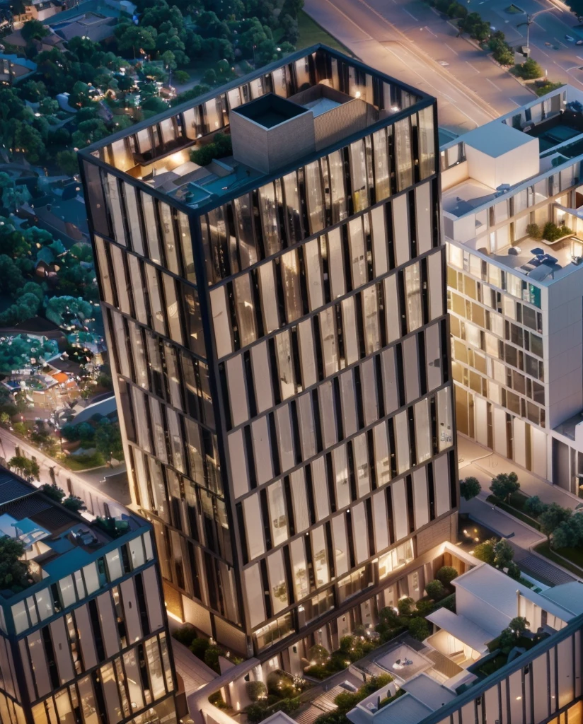 Office building at night with bright sky，Alafud View，High-rise office building illuminated at night, full building, realism,  Hyper-realistic lighting, Architectural renderings, Aerial View, detailed picture,Architectural Visualization，masterpiece，High Detail，HD resolution，8K，
