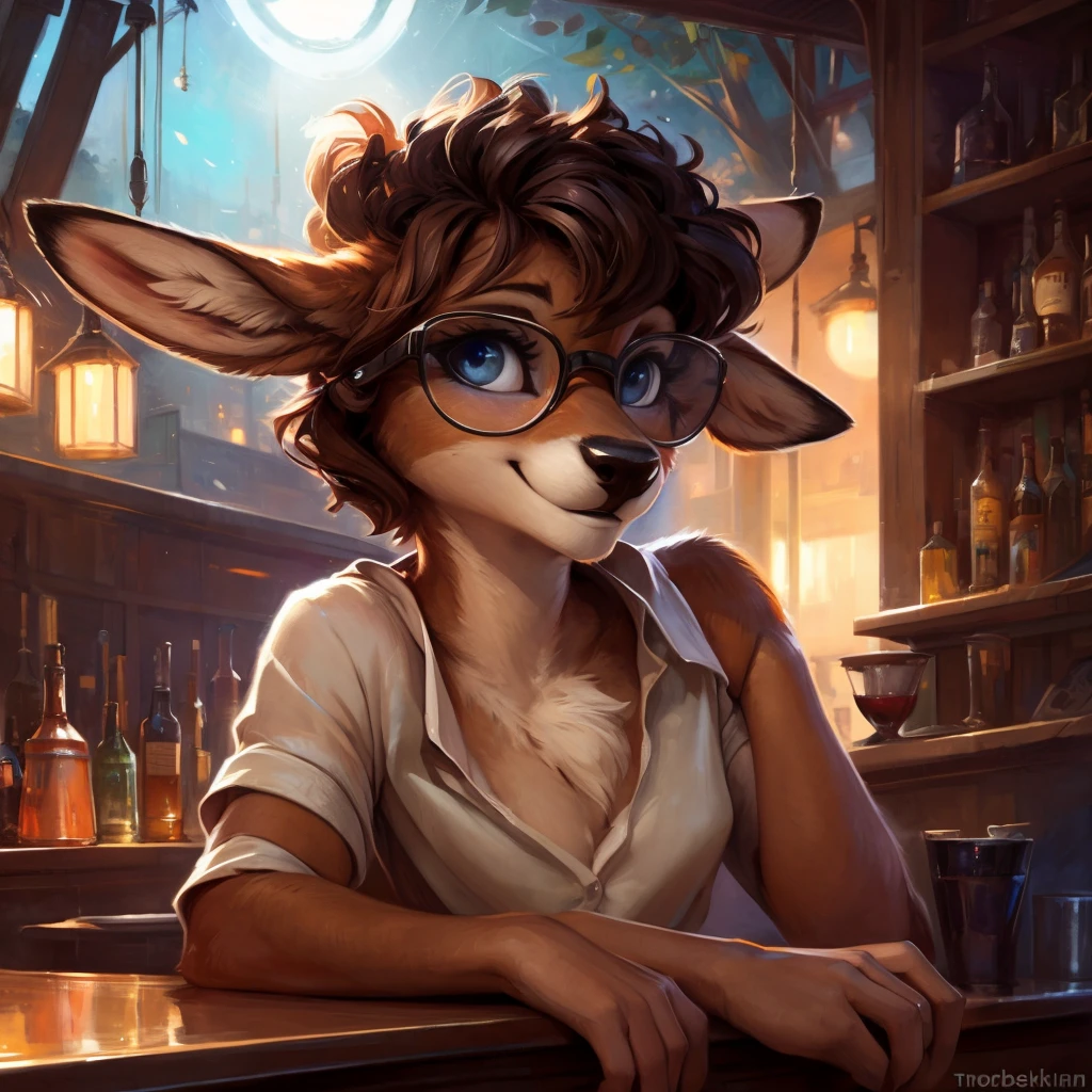 uploaded on e621, by Pixelsketcher, by Bayard Wu, by Thomas Benjamin Kennington , by Einshelm, by hioshiru and kenket, Chunie, portrait, solo anthro female deer doe, tiny featureless breasts, tiny breasts, clear dark blue, cinematic lighting, night, sitting inside at a party bar, night club background, shiny, short curly dark brown hair, short hair, wears big black nerd glasses, very very beautiful furry art, furry art, thoughtful, shiny, feminine, cute face, muzzle, fluffy chest, flawless face, Fallow deer, 1girl, Sakimichan is beautiful, Masterpiece, Wavethesallow Face, shiny, Detailed image, Detailed background, portrait, Detailed image, portrait, wears pure white wide, big blouse, shiny, realistic face, perfect anatomy, hourglass body, anthropomorphic deer, happy, very happy, small ears, huge black nerd glasses, wide happy eyes, smiles, big smile, holdind a cocktail glass, hourglass body, (furry body:1.1), anthropomorphic deer, small fluffy tail, detailed background, (cute anatomy:1.1), looks into the distance, sexy, sexy look
