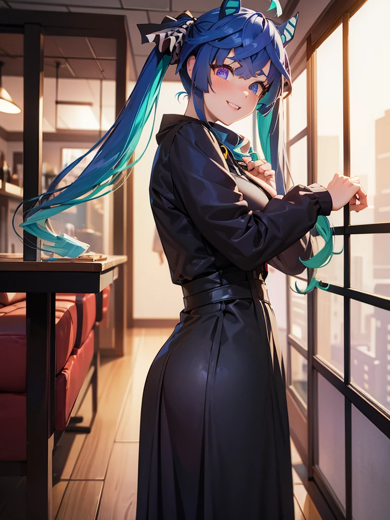 (masterpiece、top-quality、hight resolution), A scene in which a customer meets a designated sex worker in a waiting room. The scene is seen from the customer's point of view and depicts the sex worker approaching with a professional and friendly smile. The waiting room is simple and has a rugged atmosphere. The sex worker is wearing an attractive cocktail dress and is confident and charming. The sex worker says to the customer, "I'm not a sex worker. Come on, the room for fucking is this way. Let's get fucked!" Twin_Turbo_Umamusume, aqua hair, twintails, heterochromia, purple eyes, blue eyes, sharp teeth, multicolored hoodie, hores tails, nsfw, ((cocktail dress))