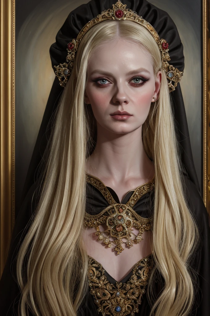 painting of a woman with long blonde detailed, gothic oil painting, michael hussar, esao andrews : : ornate, portrait,portrai, mark ryden in the style of, style of mark ryden, portrait , oil painting of princess.