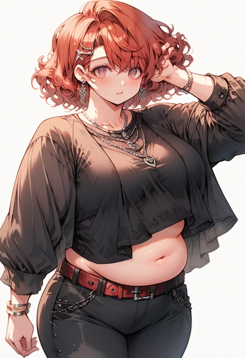 Curvy anime girl, overweight fat girl, pretty anime girl, beautiful chubby anime girl, big tummy, large breasts, wide hips, curvy butt, stomach rolls, stomach bump, fashionable, cool clothes, fun clothes, fashion, accessories, jacket, jewelry, bracelet, earrings, necklace, rings, accessories, belt, skirt, dress, pants, shirt, long shirt, low cut tshirt, baggy shirt, confident, cool fashionable girl, attractive, cool, hot woman, short wavy red hair hair, short bob length hair, red, bright colored hair, wavy hair, short hair, bob, shoulder length hair