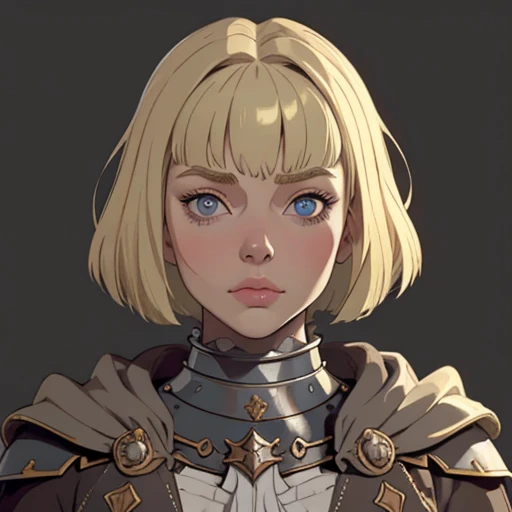 (masterpiece), (best quality),(portrait),(bust up),1girl,solo,(sharp focus),(look at viewer),blond hair,dwarf girl,dwarf,farnejour, bob cut,((bangs on eyes)) ,fat ,ancient luxurious long clothes,armor,(simple background),old school fantasy art,super shiny face,Ultra Glossy Skin,(lips:0.7),cloak