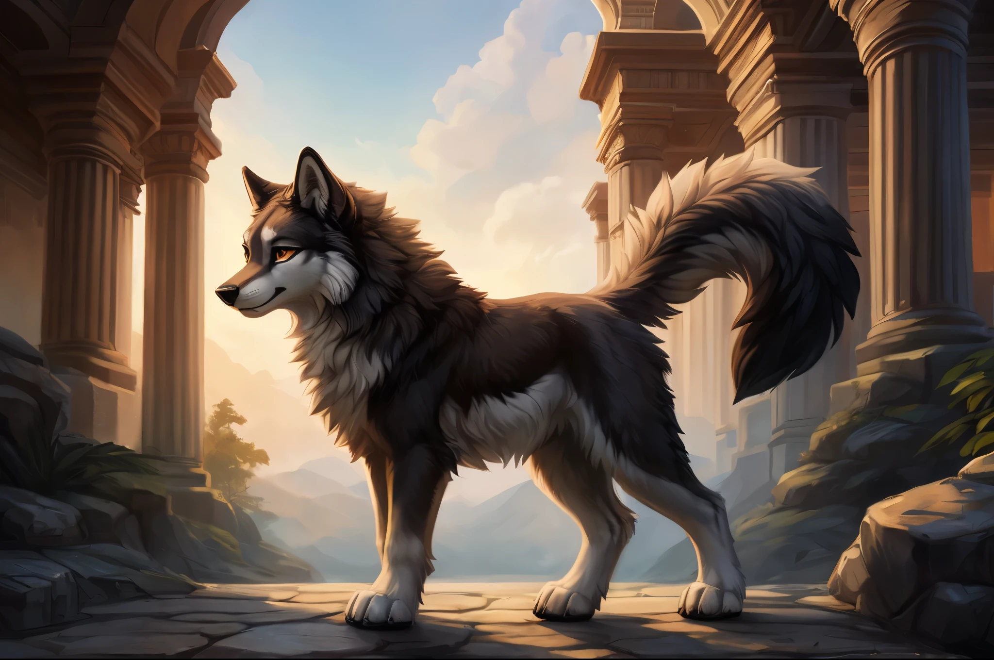 animal focus, top view, (wild), wolf, fur, raised tail, paws, (symmetrical)++, cute, feral, in heat, masterpiece, best quality, by Hioshiru, Snowskau, Foxovh. Imbrato Impressionists, Nguyen Jia, Pino Diane, Detailed Background, Detailed Image, Detailed Hair, God Rays, High Details, Cinematic Lighting, (Avatar), Ancient Roman Architecture