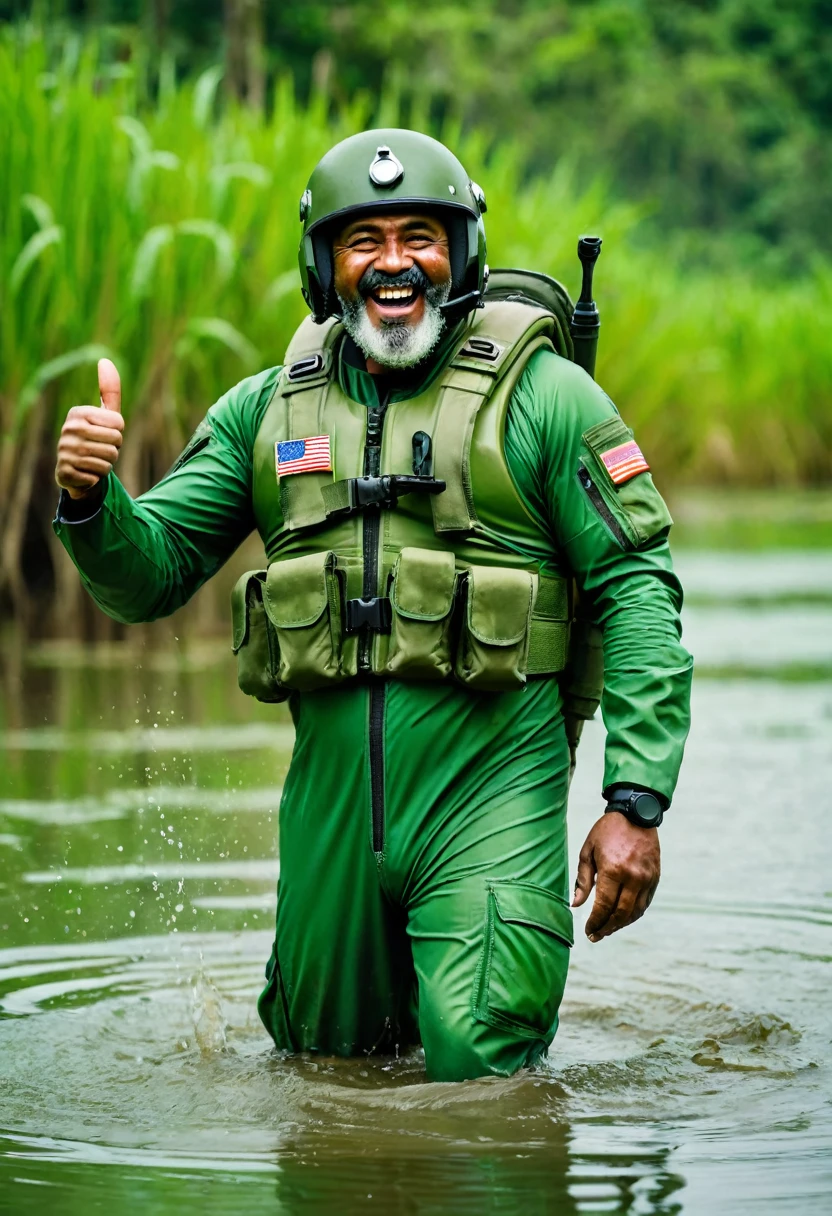 (a dark-skinned bearded chubby old man in green zipper pilot suit), wearing rescue gear, wearing green army pilot helmet, swimming in a swamp, thumbs up, shooting with a gun, imposing physique, muscular, toned muscles, Basuki Abdullah, sumatraism, action, a character portrait, heroic, fierce, laughing, intense