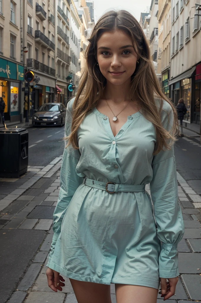 Scène Principale :
Sujette : Une jeune femme de 20 ans, cheveux blonds, longs et légèrement ondulés, avec un teint clair et une peau éclatante. Elle porte une tenue de ville élégante, par exemple, une robe d'été légère ou un ensemble chic avec un chemisier et une jupe.
Pose : Debout, adoptant une pose naturelle et confiante. Elle peut être en train de marcher ou de s'arrêter pour regarder autour d'elle, avec un sourire subtil sur son visage.
Accessoires : Elle porte des accessoires élégants tels qu'un sac à main, des bijoux délicats (comme des boucles d'oreilles et un collier) et des lunettes de soleil.
Décor Urbain :
Arrière-plan : Une rue de ville animée avec des éléments tels que des bâtiments modernes ou historiques, des vitrines de magasins, et quelques passants. Il peut également y avoir des éléments comme des cafés en terrasse, des arbres le long du trottoir, et des véhicules en mouvement.
Détails : Détails réalistes tels que des panneaux de signalisation, des bancs publics, des lampadaires et des plantes en pot.
Ambiance et Lumière :
Lumière : Lumière naturelle du jour, créant une ambiance lumineuse et énergique. Les ombres doivent être douces et naturelles, reflétant l'heure de la journée (par exemple, matin ou après-midi).
Atmosphère : Une atmosphère vivante et dynamique, capturant l'essence de la vie urbaine.
Style Artistique :
Réalisme : L'image doit être aussi naturelle et détaillée que possible, capturant la beauté et l'énergie de la scène urbaine.