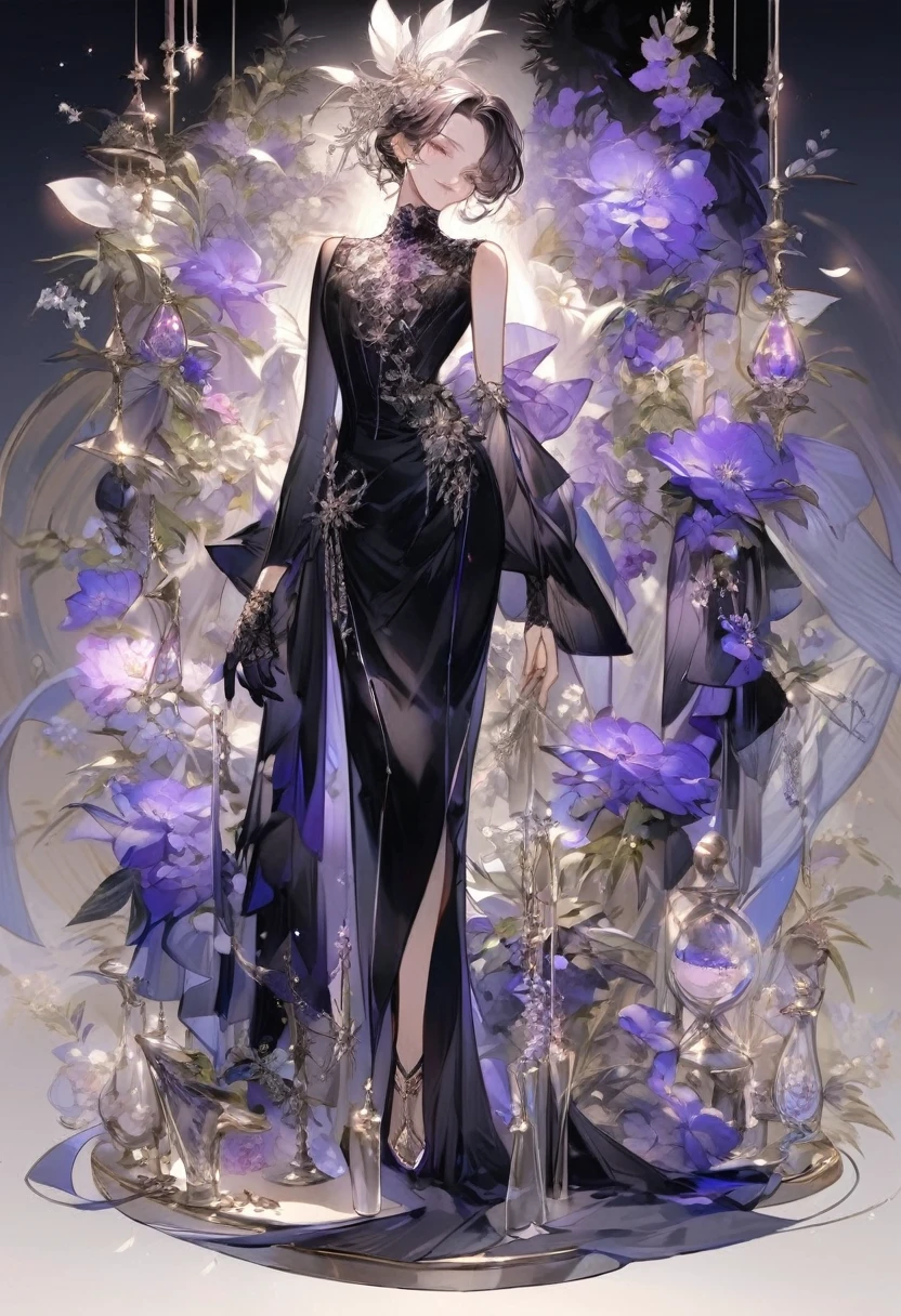 Feminine boy, soft womanish facial features, smile, squinted siren dark blue eyes without glare, silver ans dark purple long loose hair with straight bang, fantasy black clothes with blue and purple elements, long black gloves, model, gorgeous, elegant, lots of silver jewelry, flowers in his hair, skinny , hourglass figure, light lipstick, pants