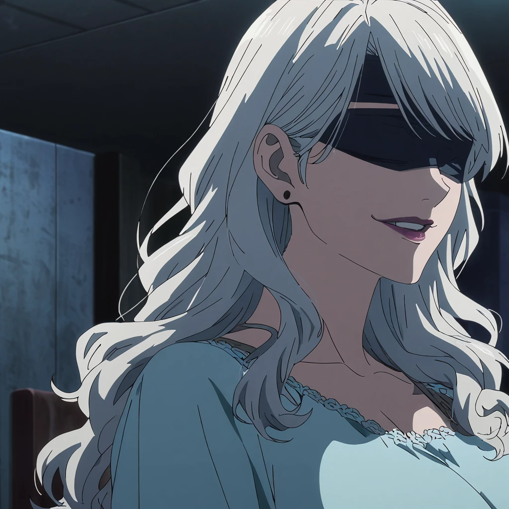1girl, female gojo satoru, anime screencap from jujutsu kaisen, gojo satoru female version, solo, long_hair, ((black blindfold)) ((White_hair, wavy hair)), night view, (hanging breasts) upper_body, smile, indoors, book, lips, (slightly wavy hair) ((wearing casual outfit)) breast, "very detailed and high resolution" (black blindfold) ((shoulder length wavy hair)) ((solo)) (front view) (earings) ((high resolution)) ((good quality)) ((swept bangs))