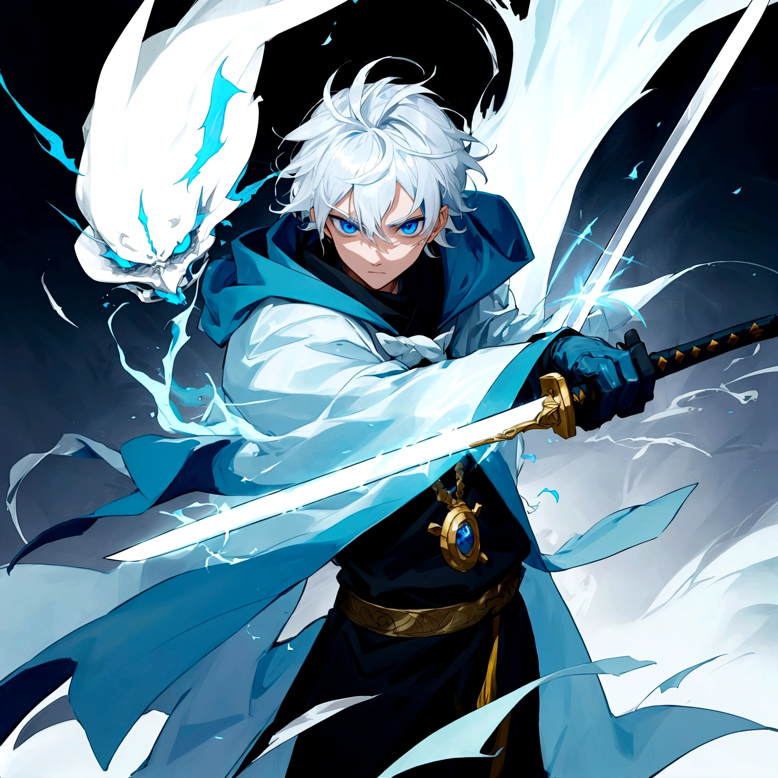 Sorcerer Divine Soul man, he has a silver hair and blue eyes, he wear a hood and wear gloves , hold sword with hand.