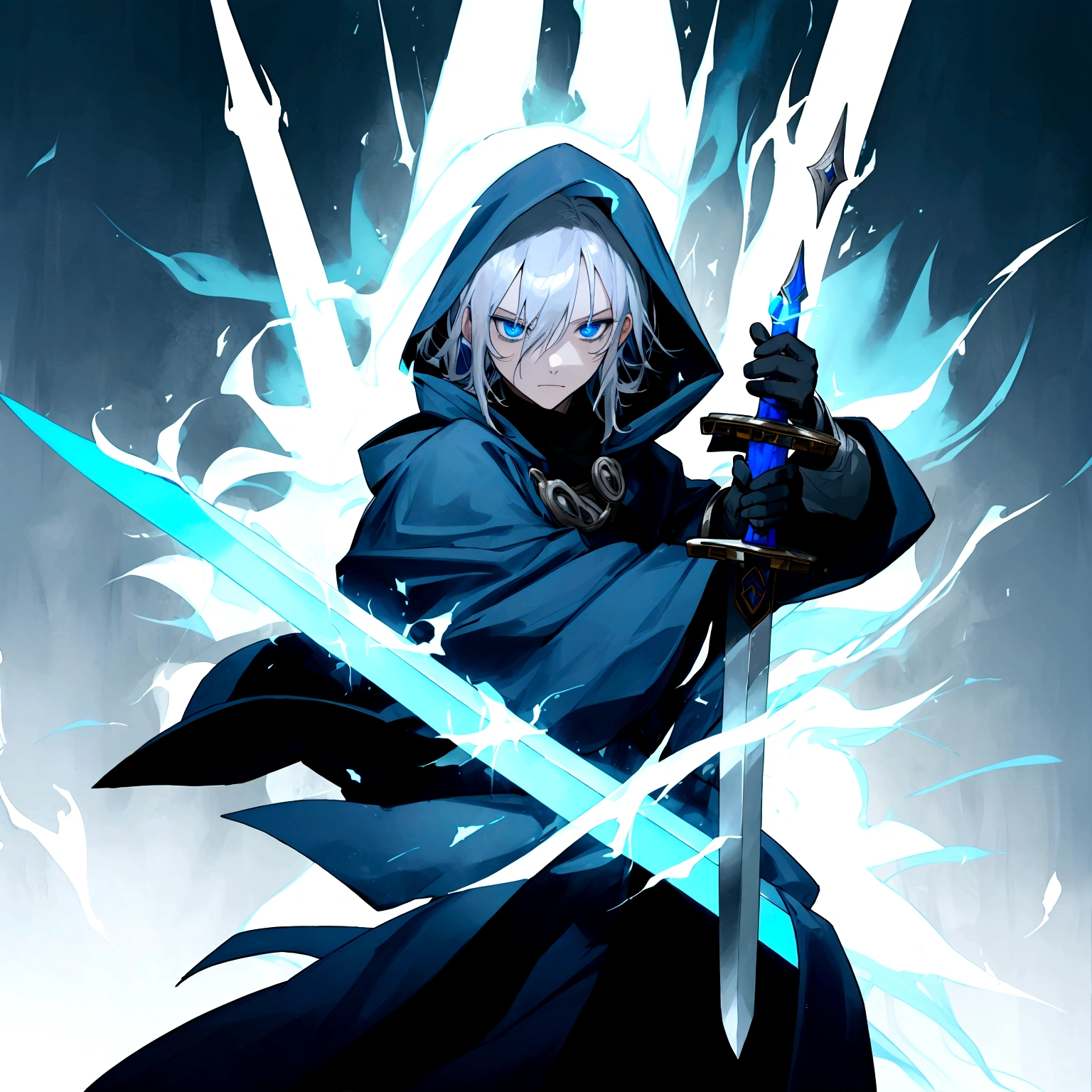 Sorcerer Divine Soul man, he has a silver hair and blue eyes, he wear a hood and wear gloves , hold sword with hand.