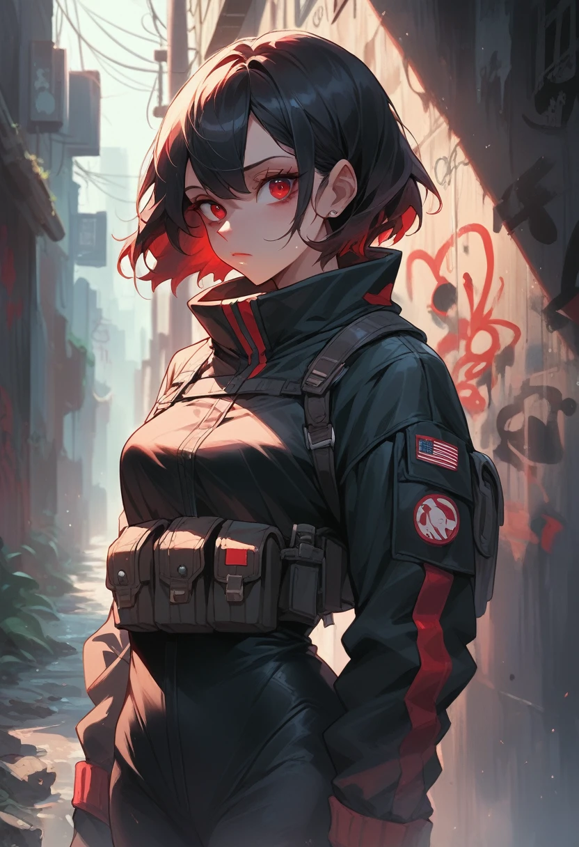 1girl, red survival suit, hidden face, black hair, red eyes, dark alley, red graffiti, japanese led, fog