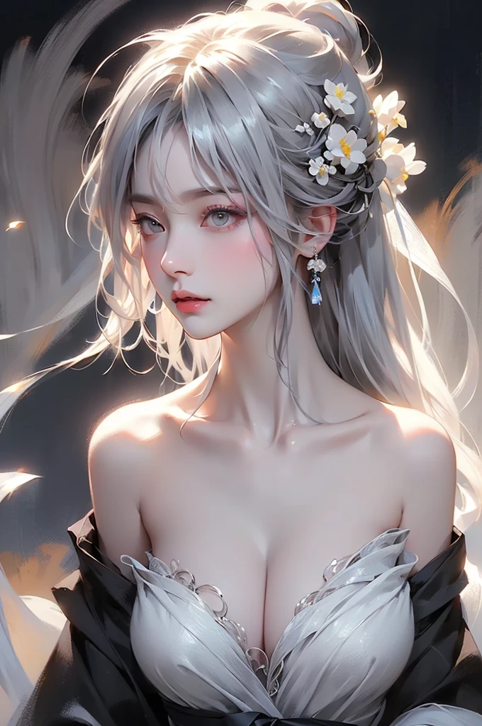 super high quality, masterpiece, Perfect illustration, Very detailed、8k wallpaper, Very detailed (Exquisite light and shadow, Very dramatic photo,Backlight) , ((Gray Hair:1.5))1 Girl, alone, (Wearing Han clothes, Royalty、Black and white Hanfu,Thick fabric,Long sleeve) Flower Field, Flowers, (White smoke:1.3) (Realistic:1.4),  (Dynamic Angle: 1.4), Glowing Skin, (Floating colorful flashes: 1) The most beautiful chaotic shapes, elegant, Brutalist Design, Bright colors, Romantic Depth of Field Exotic_dance, half_naked、((Off the shoulder、Medium chest、Beautiful cleavage))