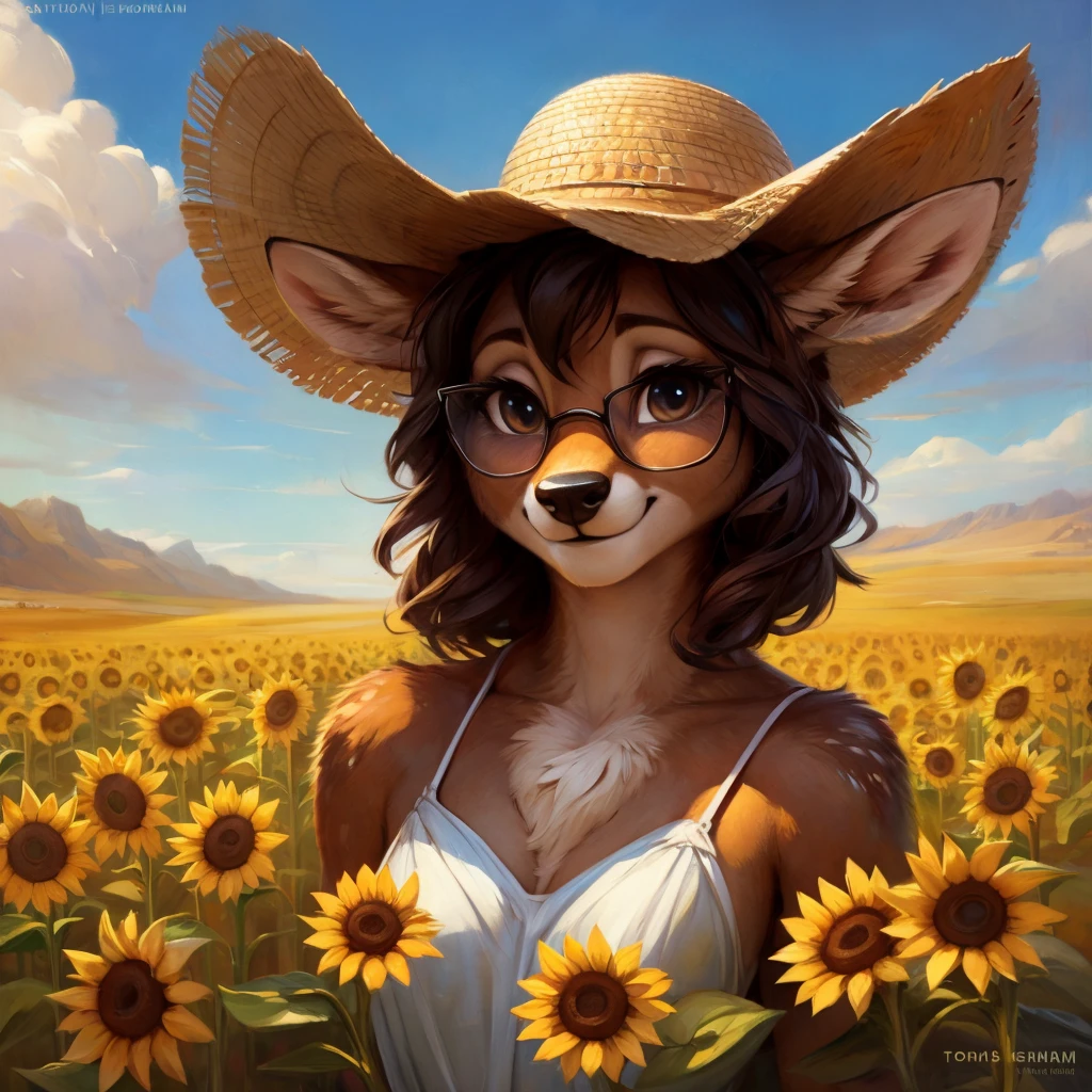 uploaded on e621, by Pixelsketcher, by Bayard Wu, by Thomas Benjamin Kennington , by Einshelm, by hioshiru and kenket, Chunie, portrait, solo anthro female deer doe, with small featureless breasts, clear dark blue, cinematic lighting, day, sunny day, sunflower field, stays in a sunflower field, sunflower field background, mediterranean background, horizon background, shiny, short curly dark brown hair, wears big black nerd glasses, very very beautiful furry art, furry art, smiling, joyful, shiny, happy, feminine, cute face, muzzle, fluffy chest, flawless face, Fallow deer, 1girl, Sakimichan is beautiful, Masterpiece, Wavethesallow Face, shiny, Detailed image, portrait, Detailed image, portrait, full body, wearing pure white and wide spaghetti straps dress, wearing big and wide beige summer straw hat, shiny, realistic face, perfect anatomy, hourglass body, (furry body:1.1), anthropomorphic deer, looks at the viewer, small fluffy tail, detailed background, (cute anatomy:1.1), stands in a lavender field