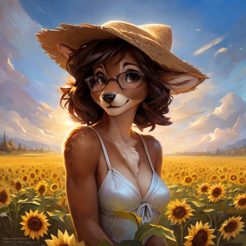 uploaded on e621, by Pixelsketcher, by Bayard Wu, by Thomas Benjamin Kennington , by Einshelm, by hioshiru and kenket, Chunie, portrait, solo anthro female deer doe, with small featureless breasts, clear dark blue, cinematic lighting, day, sunny day, sunflower field, stays in a sunflower field, sunflower field background, mediterranean background, horizon background, shiny, short curly dark brown hair, wears big black nerd glasses, very very beautiful furry art, furry art, smiling, joyful, shiny, happy, feminine, cute face, muzzle, fluffy chest, flawless face, Fallow deer, 1girl, Sakimichan is beautiful, Masterpiece, Wavethesallow Face, shiny, Detailed image, portrait, Detailed image, portrait, full body, wearing pure white and wide spaghetti straps dress, wearing big and wide beige summer straw hat, shiny, realistic face, perfect ???????, hourglass body, (furry body:1.1), anthropomorphic deer, looks at the viewer, small fluffy tail, detailed background, (cute anatomy:1.1), stands in a lavender field
