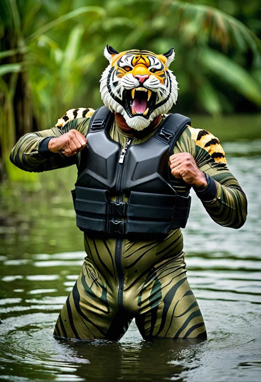 (a dark-skinned bearded fat old man in army camouflage zipper diver suit) (wearing proportionate realistic roaring tiger mask that show the wearer eyes), raising fist, carrying a gun holster on his right hip, muscular, Basuki Abdullah, sumatraism, muscular physique, imposing stature, action, a character portrait, heroic, fierce, snarling, best quality, swimming in a swamp
