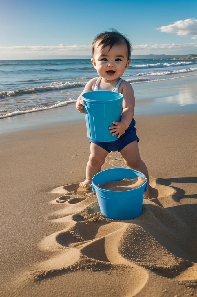 11 month old baby sitting near the sea playing in the sand with a bucket realistic shot