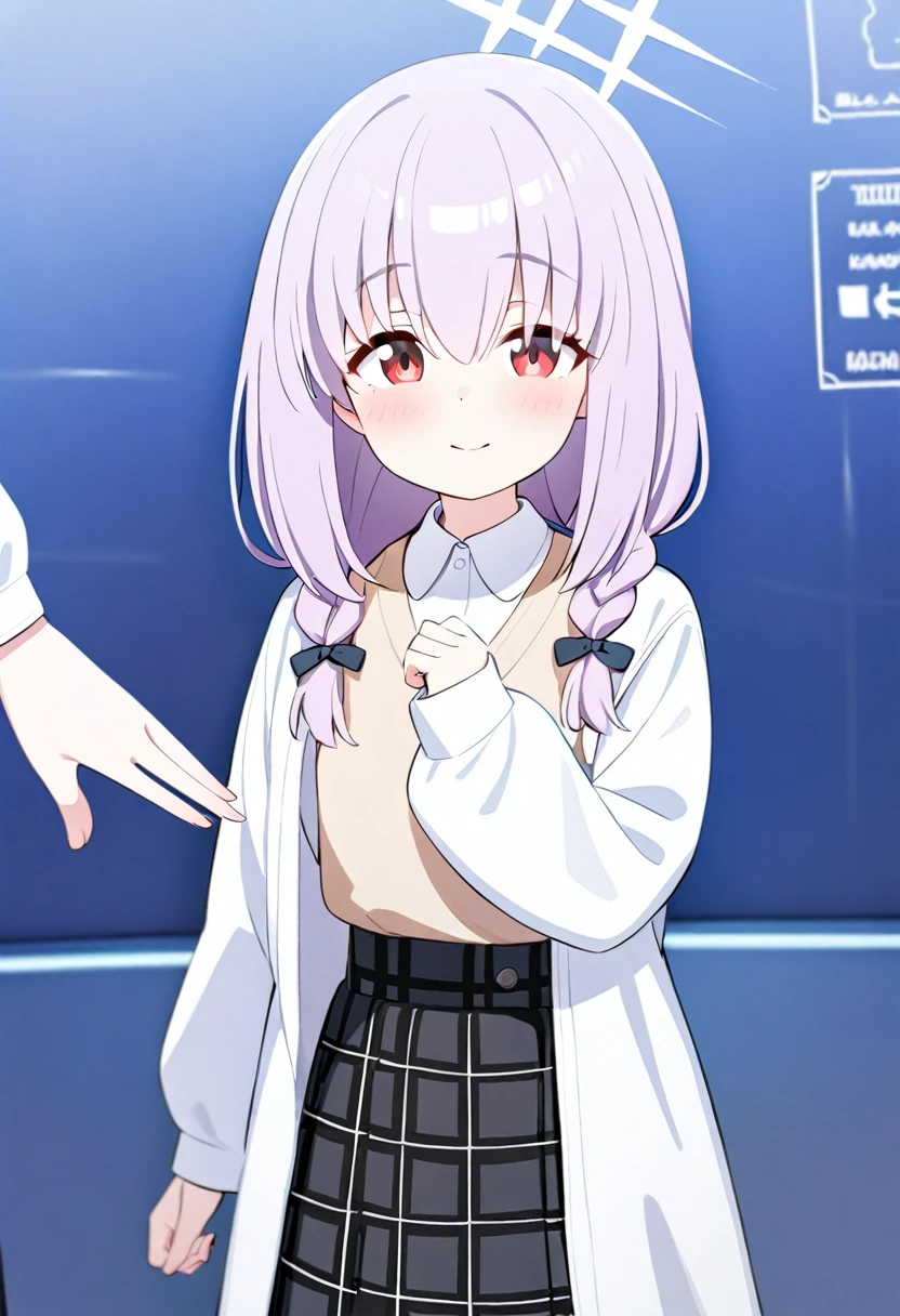1 girl,atsuko/blue archive,Kawai,beige sweater vest, plaid skirt,twin braid,Smile,stand up,Pink/purple hair,,red eye,blush,long sleeve,Thin west, short,long sleeve,Thin waist,chest cub g,(perfect hand perfect anatomy)