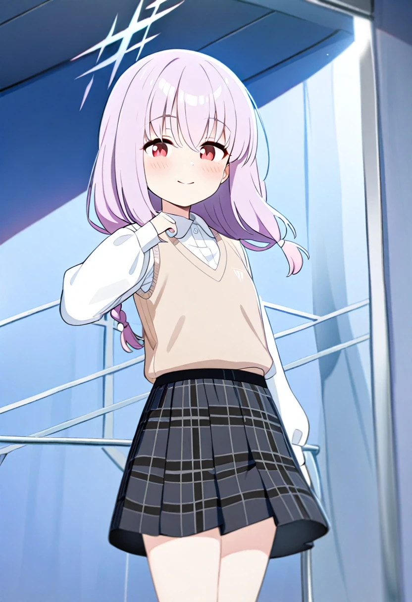 1 girl,atsuko/blue archive,Kawai,beige sweater vest, plaid skirt,twin braid,Smile,stand up,Pink/purple hair,,red eye,blush,long sleeve,Thin west, short,long sleeve,Thin waist,chest cub g,(perfect hand perfect anatomy)