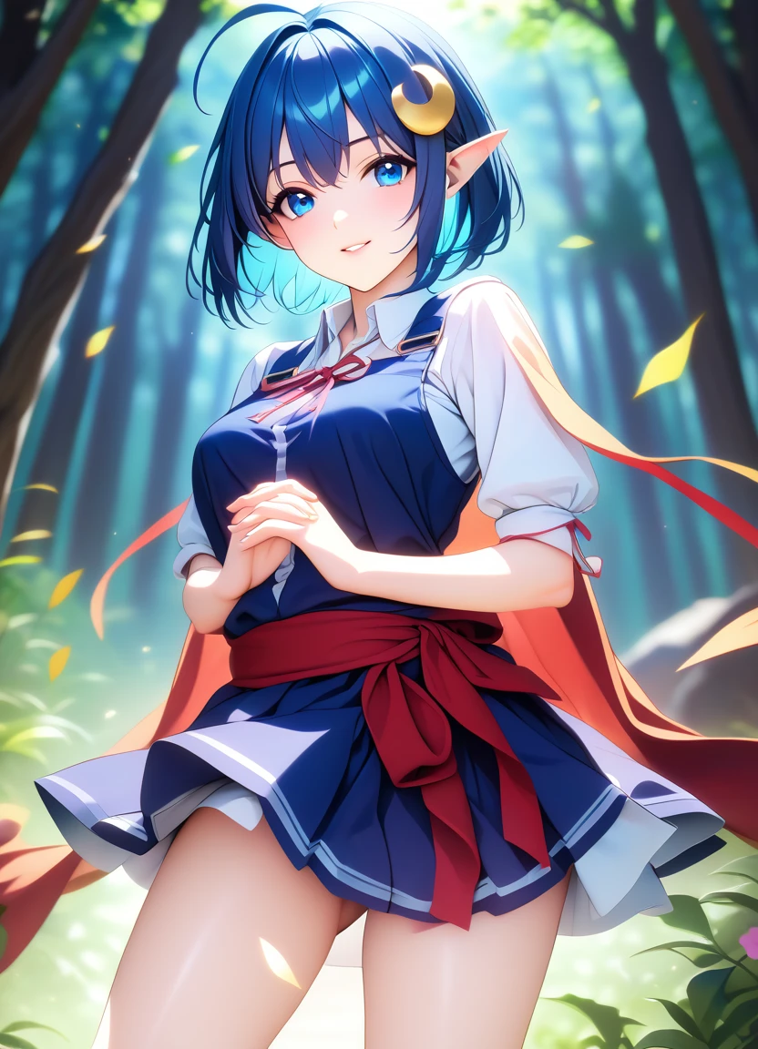 1girl, RENA LANFORD, 1GIRL, AHOGE, BLUE HAIR, SHORT HAIR, BLUE EYES, POINTY EARS
CRESCENT HAIR ORNAMENT, RED CAPE, BLUE VEST, LEATHER ARMOR, RED RIBBON, WAIST RIBBON, BLUE SKIRT, MINISKIRT, SHOES, BREAK kawaii, smile, cowboy shot, own hands clasped, forest, night, lightning bug, light particle, BREAK detailed face, smooth skin, cinematic lighting, volumetric shadow, BREAK 3D, CG illustration, score_9, score_8_up, score_7_up, (masterpiece:1.2), (best quality:1.2), (very aesthetic:1.2), (absurdres:1.2), (detailed background), newest, (intricate:1.2), ai-generated, BREAK