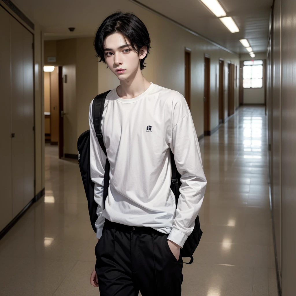 attractive boy, black hair, Brown eyes, very pale skin, very thin, dressed in a white long-sleeved shirt and loose black pants, very high, background a school hallway, carrying a backpack 