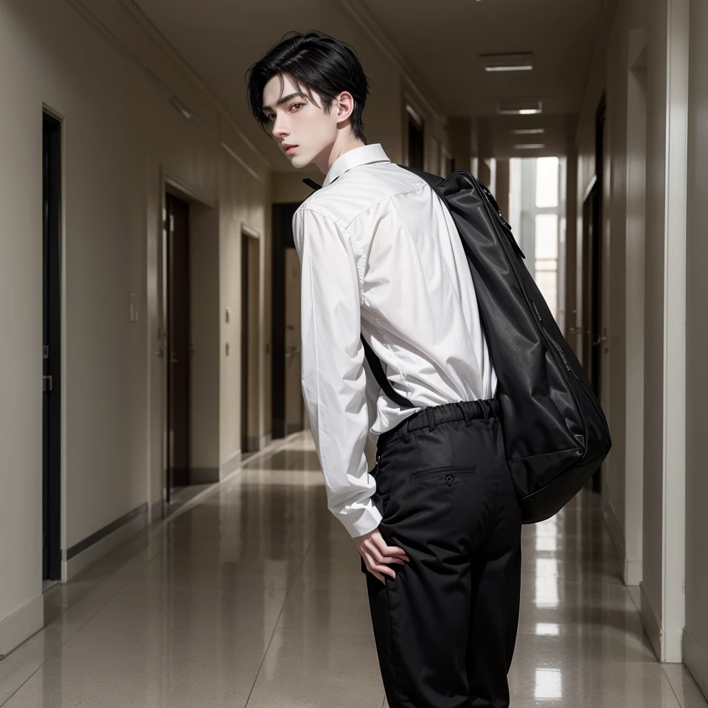 attractive boy, black hair, Brown eyes, very pale skin, very thin, dressed in a white long-sleeved shirt and loose black pants, very high, background a school hallway, carrying a backpack