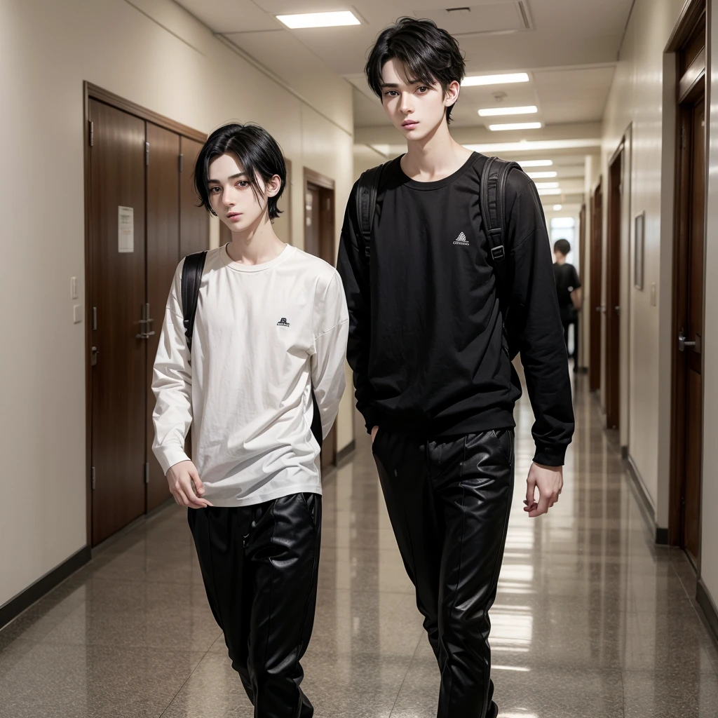 attractive boy, black hair, Brown eyes, very pale skin, very thin, dressed in a white long-sleeved shirt and loose black pants, very high, background a school hallway, carrying a backpack