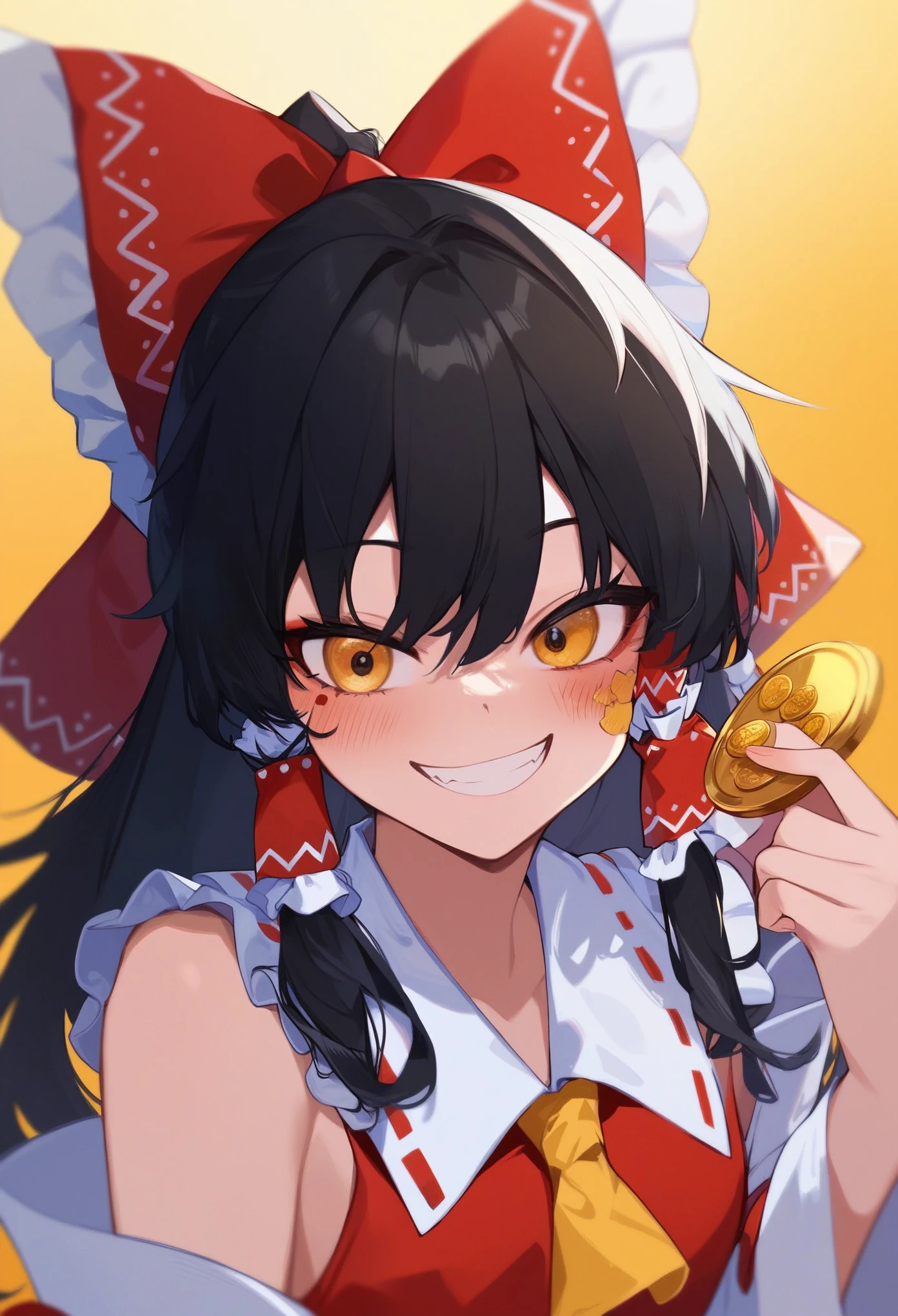 Score_9,score_8_up,score_7_up,solo,1girl, curvy,blush,grin,kind_smile,looking at viewer,crazy smile,(with the gold coin),hakurei reimu \(cosplay\),cartoonized,gradient background,