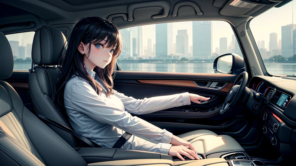 Create an image from the angle inside a car, showing a woman with a thoughtful expression on her face as she gazes out of the side window at the cityscape. The city outside should be visible, illuminated by streetlights and neon signs. Use soft, pastel colors and subtle gradients to capture a dreamy, reflective atmosphere. Ensure the interior of the car feels cozy and comfortable, adding to the overall serene vibe.
